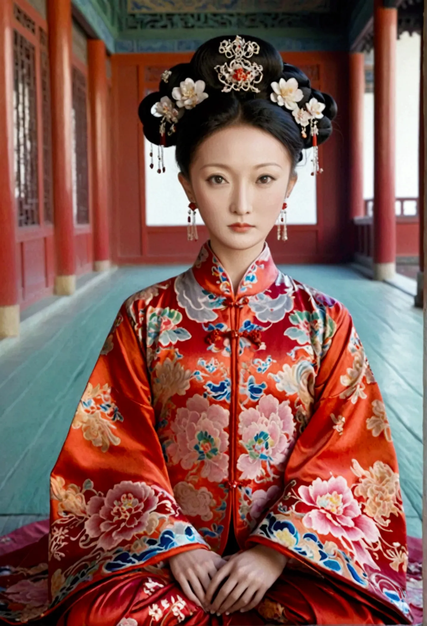 female emperors of the qing dynasty, a naked woman wearing a red floral patterned hanfu jacket, crouching with her legs open, se...