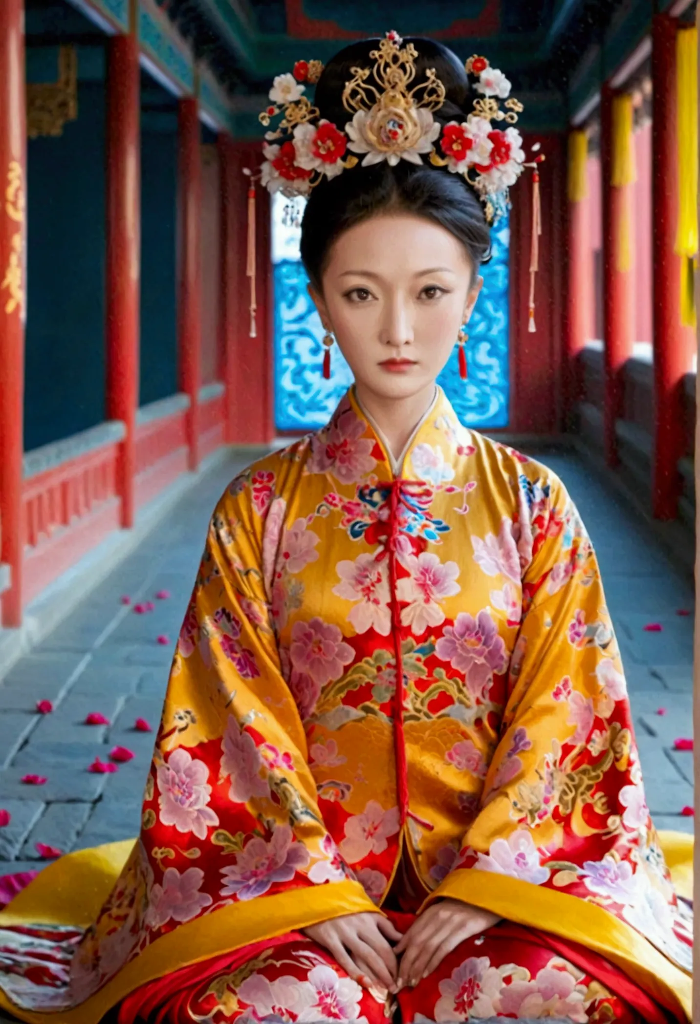 female emperors of the qing dynasty, a naked woman wearing a red floral patterned hanfu jacket, crouching with her legs open, se...