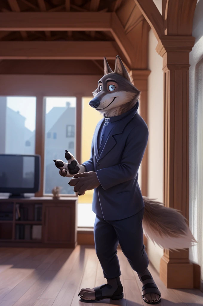 Larry (Zootopia), young wolf, gray fur, (brown body:1.3), beautiful blue eyes, Zootopia, Blazer, trousers, Catholic priest,red cassock,Cardinal,gold pectoral cross white collar,shoes shoes shoes, dog,wolf, detailed fur, Male, second, paw pads, claws, looks at the viewer, 5 fingers, paws, 4 toes, B is walking down the street,sandals, 
BREAK from nextel, for dating, by xenoforge, (difficult, high detail,digital photography, soft focus,close to the camera, smile, positive, Good, mood, Houses, looks at the viewer, очень close to the camera,Catholic priest,Houses сидит, television, hall, columns, 
photorealism, realistic, photorealistic,digital style, subsurface scattering,очень close to the camera идет очень близко, 
masterpiece, Best quality, ultra realistic, 8 thousand.)