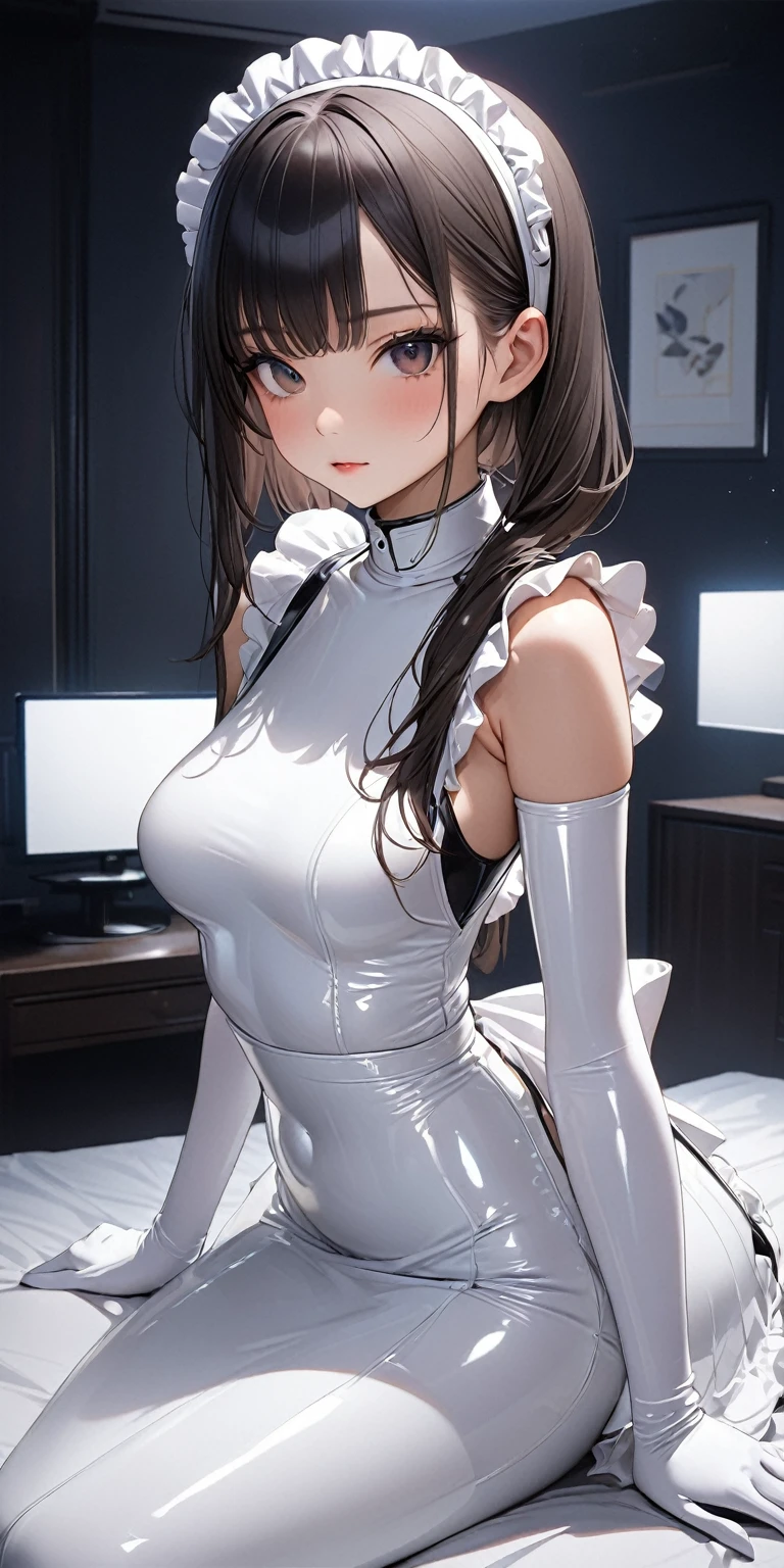 Full-body photo、Front facing pose、(masterpiece,Highest quality,Ultra-high resolution),Japanese women, Maid Headband、(((A very beautiful 2))),(White latex maid outfit)、(((White latex long skirt)))、White latex long gloves、White latex tights、Latex is very shiny、Tight white latex bodysuit、Dark room at night、Sitting on the bed