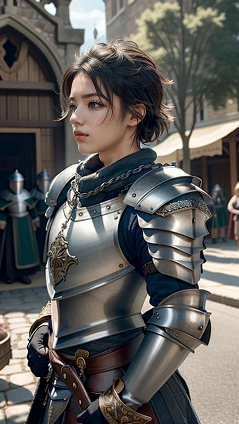 (masterpiece, highest quality),  intricate details,
 one person, guard,  town guard, armor, scapula, chain mail, ramparts, holdi...