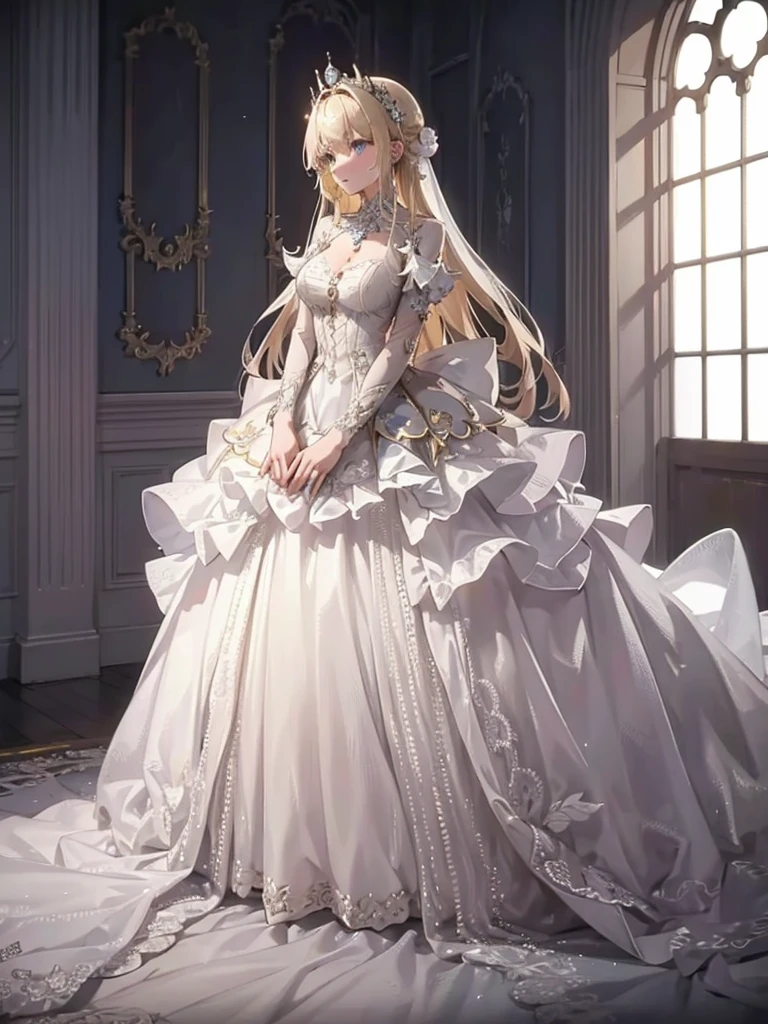 A young woman with blonde hair wearing a simple white dress, she is standing in a luxurious castle chamber, she seems out of place because she is wearing a simple white dress. Simple dark backdrop 