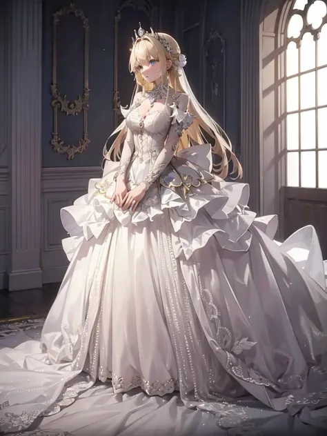 a young woman with blonde hair wearing a simple white dress, she is standing in a luxurious castle chamber, she seems out of pla...