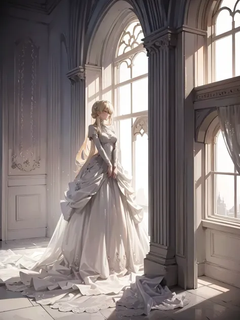 a young woman with blonde hair wearing a simple white dress, she is standing in a luxurious castle chamber, she seems out of pla...