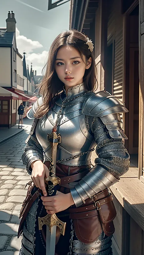 (masterpiece, highest quality),  intricate details,
 a scottish woman, guard,  town guard, chain mail, ramparts, holding a sword