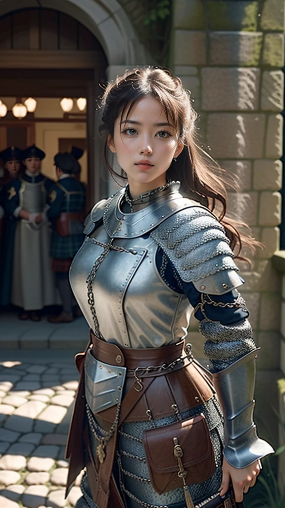 (masterpiece, Highest quality),  Intricate details,
 A Scottish woman, guard,  town guard, Chain Mail, Ramparts, Holding a sword
 