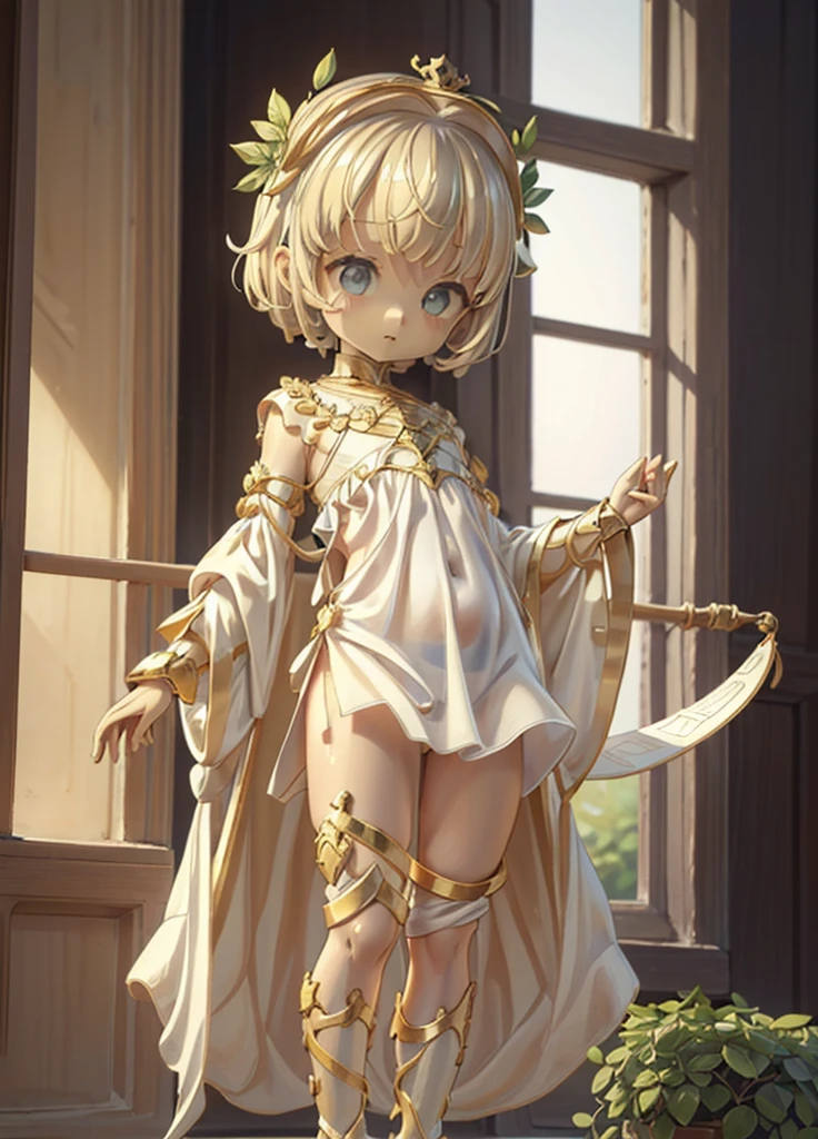 (Highest quality, ultra-high resolution, ultra-high definition, masterpiece of historical Greek sculpture) (High-definition CG illustration: 1.2) One girl, milky stone statue, almost naked, ancient Greek stone statue (photographic, cute little girl) (mini, petite) (younger age, looks young) (realistic anime face, anime eyes, large pupils, large face, beautiful face is prioritized) Naked with a large thin cloth, cloth clinging to the skin, flowing wrinkles in the cloth, laurel crown on the head, ivy sandals, standing figure, composition showing the upper knees, world of Greek mythology, mysterious lighting, milky white mainly with gold decoration, effective use of LoRA,((Clothes with holes in chest and crotch, very much exposed skin)) Making use of slime