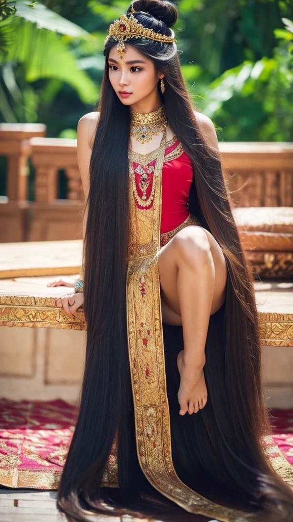 create a hyper realistic photo,  8k,highest quality, masterpiece, Ultra-high resolution,(masterpiece:1.6, highest quality), Intricate details,    a beautiful indonesian woman as a hero in dynasty kingdom of majapahit, wearing small gold neklace like a queen, wearing red kemben ,long black hair with bun, very longhair girl, front body covered by longhair, floor length hair,eyes to camera, Javanese kingdom background,