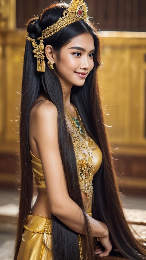 create a hyper realistic photo,  8k,highest quality, masterpiece, Ultra-high resolution,(masterpiece:1.6, highest quality), Intricate details,    a beautiful indonesian woman as a hero in dynasty kingdom of majapahit, wearing small gold neklace like a queen, wearing red kemben ,long black hair with bun, very longhair girl, front body covered by longhair, floor length hair, very thick hair,eyes to camera, Javanese kingdom background,smile,