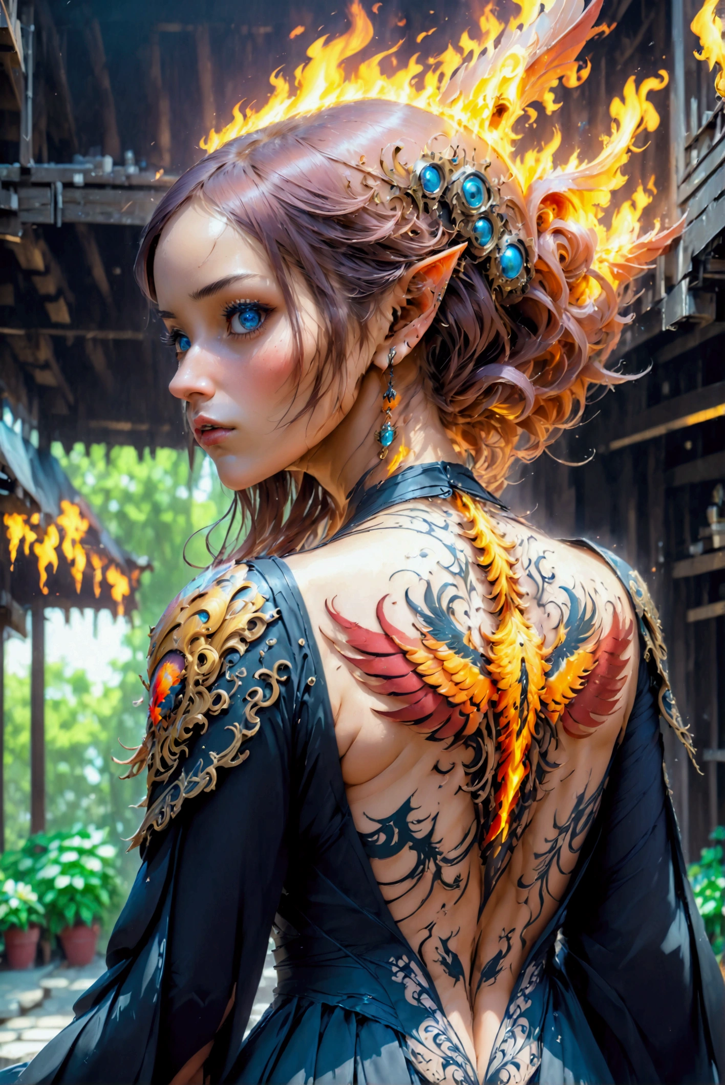 watercolor art, fantasy art, goth art, a picture of a tattoo on the back of a female elf, a glowing tattoo of a ((phoenix: 1.3)) on the elf's back, the ((phoenix tattoo)) is vivid, intricate detailed coming to life from the ink to real life, ((fire surrounds the phoenix: 1.5)), shoot taken from the back, ((the back is visible: 1.3), a most beautiful elf, exquisite beauty, small pointed ears, long hair,  she wears a transparent black dress, the dress is elegant, flowing, elven style, that the tattoos glow, dynamic hair color, dynamic hair style, cinematic light, High Detail, Ultra High Quality, High Resolution, 16K Resolution, Ultra HD Pictures, 3D rendering Ultra Realistic, Clear Details, Realistic Detail, Ultra High Definition,Comistyle, faize, art by mooncryptowow