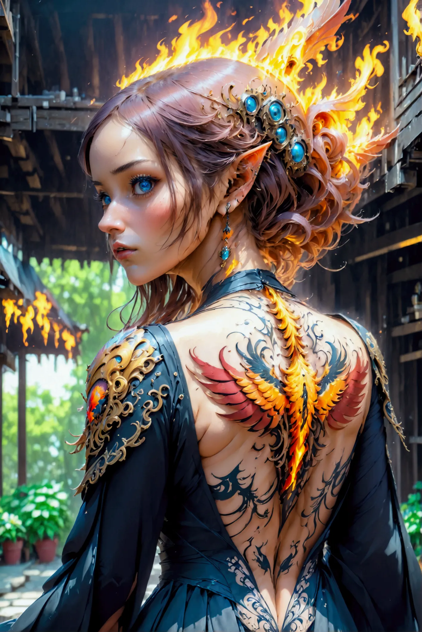 watercolor art, fantasy art, goth art, a picture of a tattoo on the back of a female elf, a glowing tattoo of a ((phoenix: 1.3))...