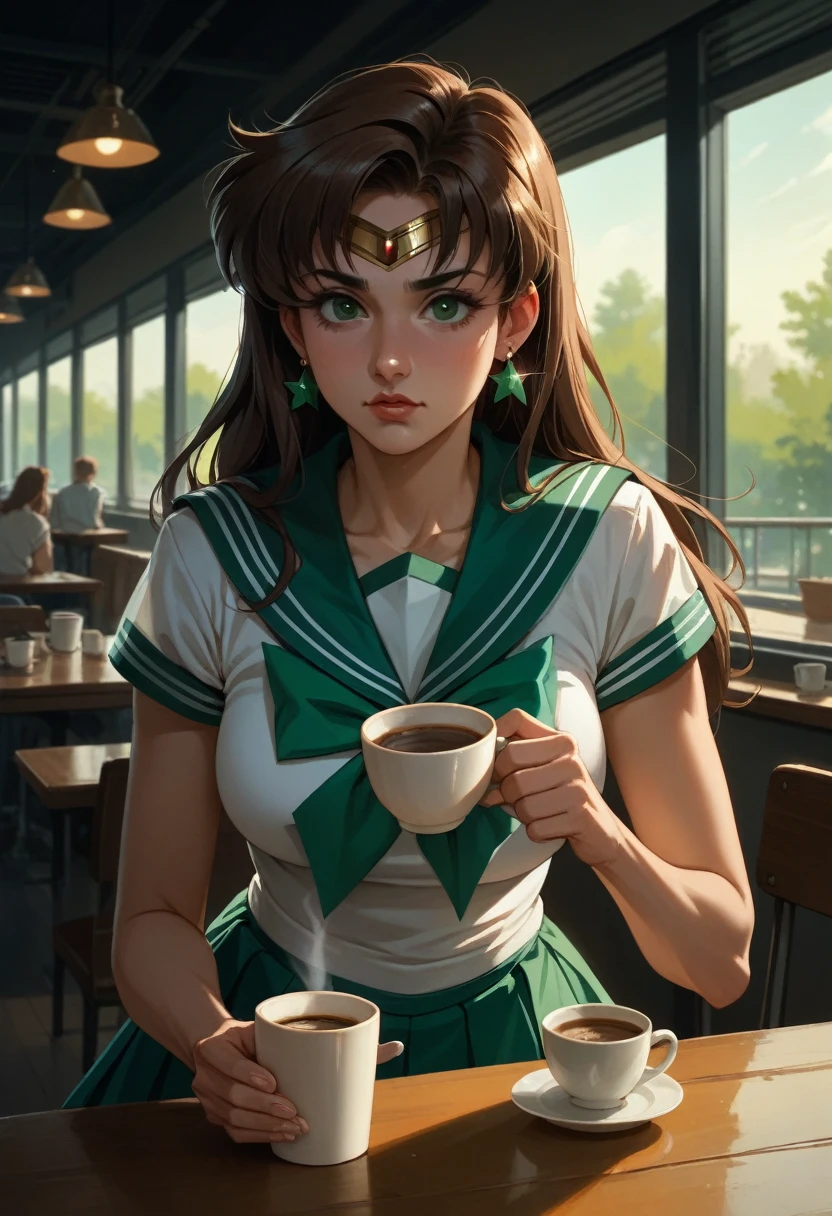 sailor jupiter,For coffee, horse&#39;s tail, torn clothes, bare breasts, annoyed,  looking at the viewer, bare breasts, on his knees in front of me, POV makes me a paizuri, POV my penis between her breasts, in an alley at night, flushed.