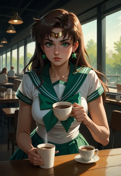 sailor jupiter,for coffee, horse&#39;s tail, torn clothes, bare breasts, annoyed,  looking at the viewer, bare breasts, on his k...