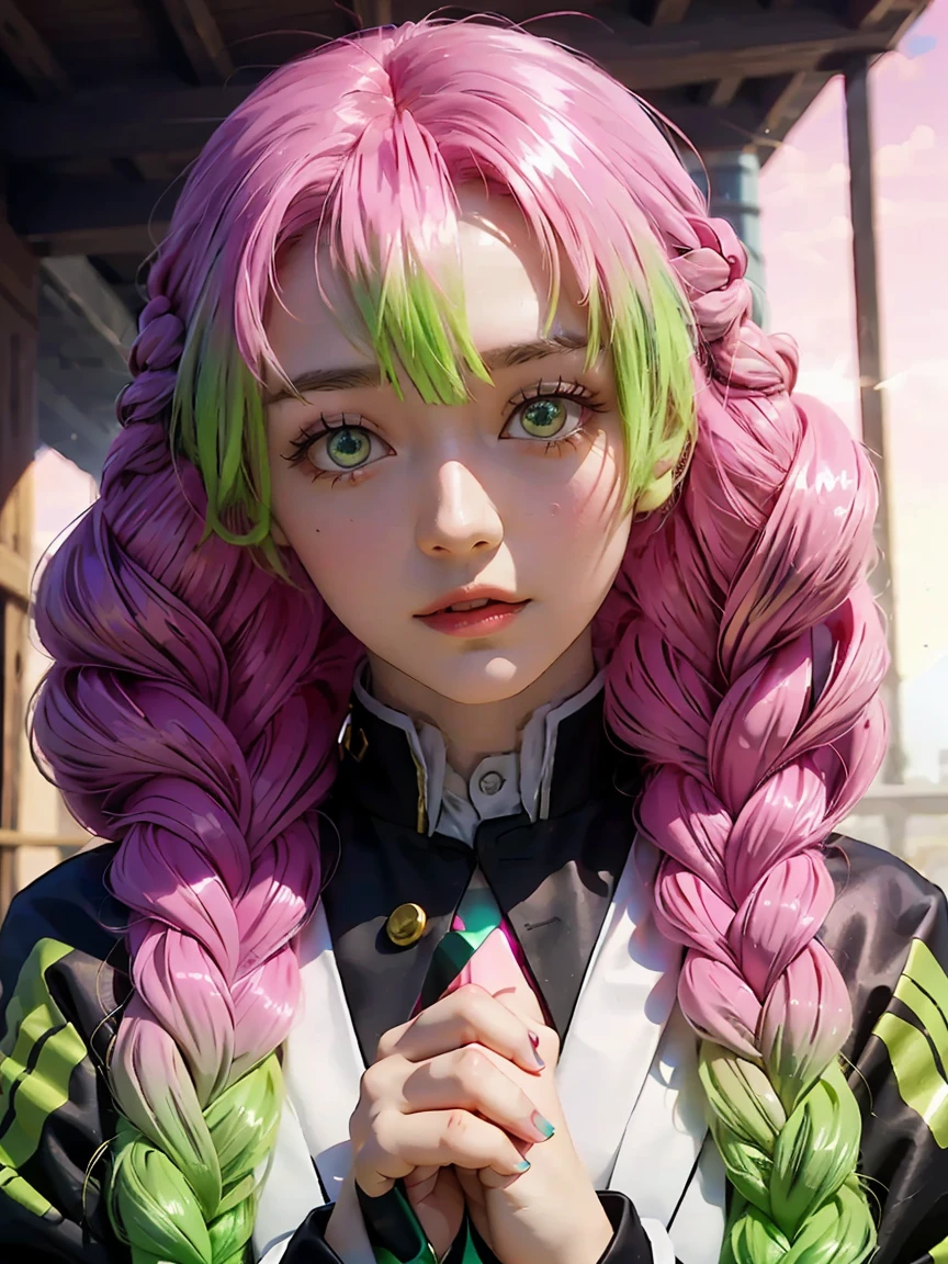 kanroji_mitsuri、1 person (Reign of peace、) (Highest quality)(Shiny Hair)(Glowing Skin)、(Gradient Fur、green、Pink Hair、Braid:1.2)、,dynamic pose 🦋✨️❤️💜💗✨️