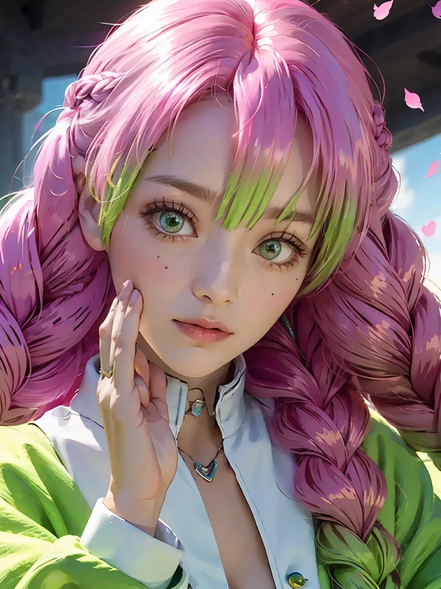 kanroji_mitsuri、1 person (Reign of peace、) (Highest quality)(Shiny Hair)(Glowing Skin)、(Gradient Fur、green、Pink Hair、Braid:1.2)、,dynamic pose 🦋✨️❤️💜💗✨️