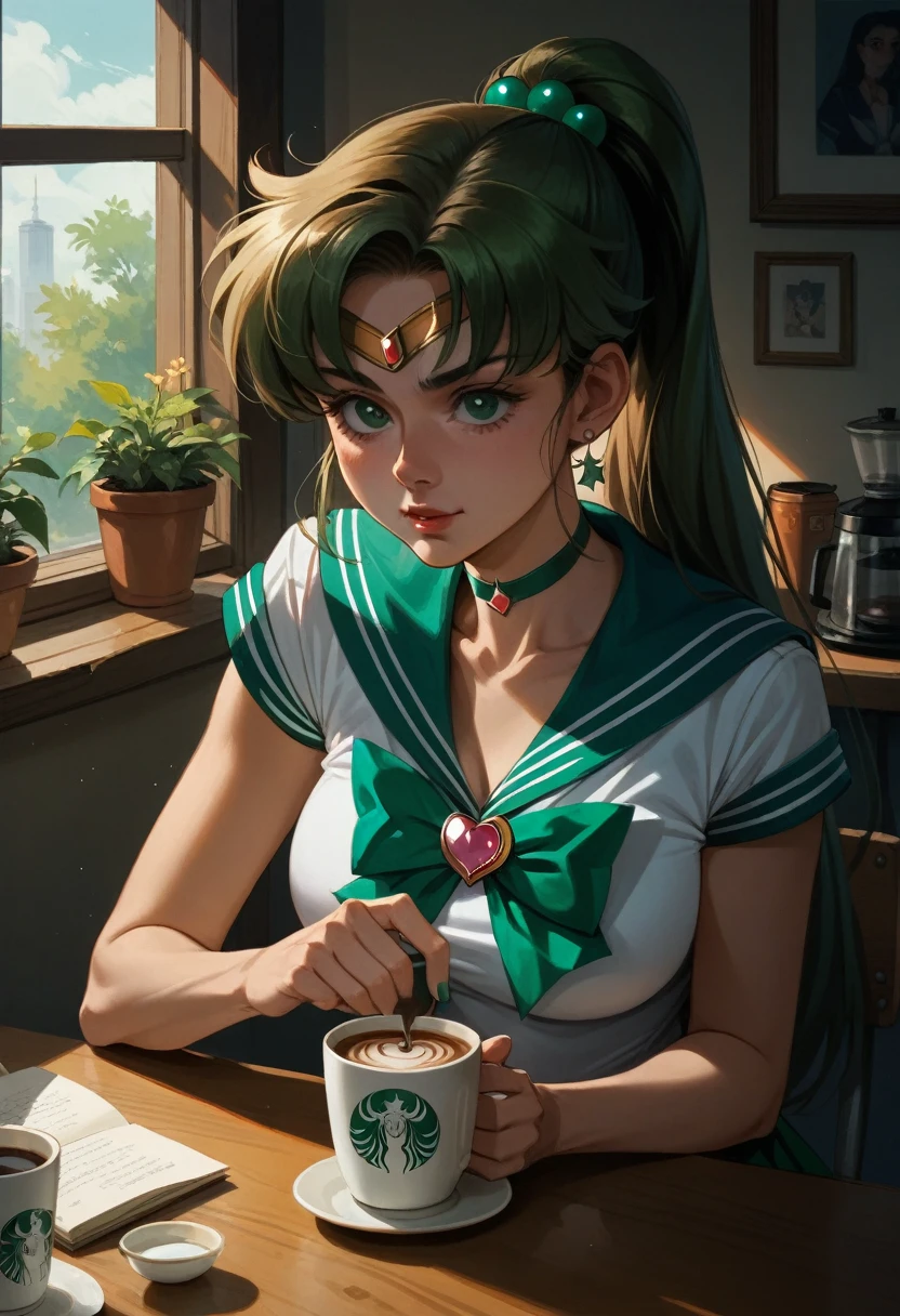 Sailor Jupiter del anime "sailor moon", For coffee, horse&#39;s tail, torn clothes, bare breasts, annoyed,  looking at the viewer, bare breasts, on his knees in front of me, POV makes me a paizuri, POV my penis between her breasts, in an alley at night, flushed.