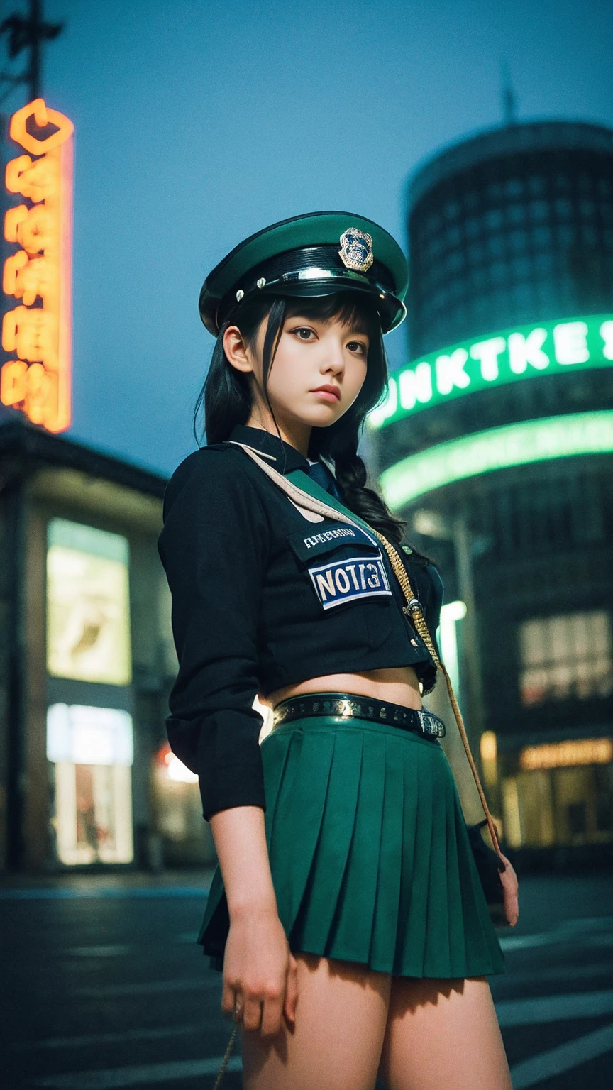 masterpiece, best quality, ultra detailed, hyper detailed, beautiful, exquisite, FHD, 8K, absurdres, a girls, (japanese girl),skull, grumpy, at dusk, with a starry sky, outside, cyberpunk, upper body shot, (lomography:1.3),  green hues, line drawing, real person,(skinny),(uniform like a police officer:1.3),ground-level shot, 35mm film, macro-lens