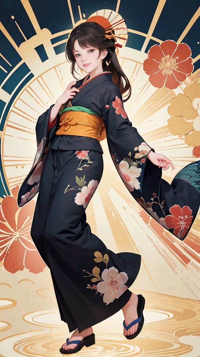 (SeaArt creates stunning illustrations of beautiful women in kimono)、Vividly colored Japanese Ukiyo-e style illustrations、A beautiful woman smiles and shows her upper white teeth、Brown-black long hair、Beautiful full body style、Let&#39;s dance a little Tokyo Ondo Yoiyoi、Beautiful new digital paintings,、Bright vibrant digital anime art、 Detailed digital anime art、 Beautiful anime portraits、background、Torii gate of the Japan shrine、Detailed CG、