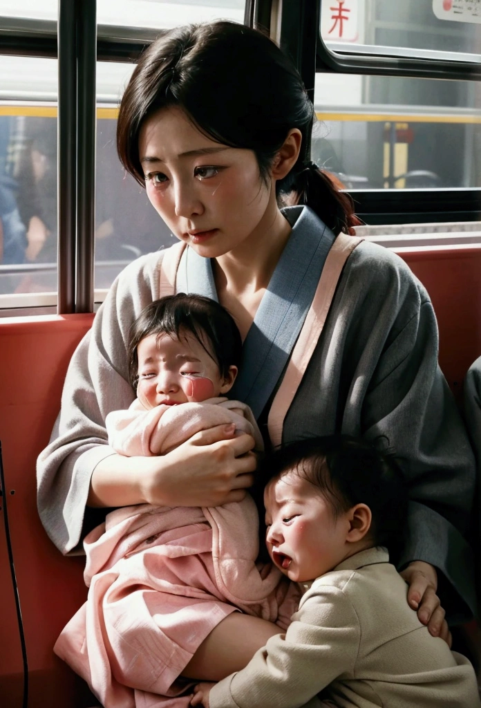 Japanese mother and baby crying on bus