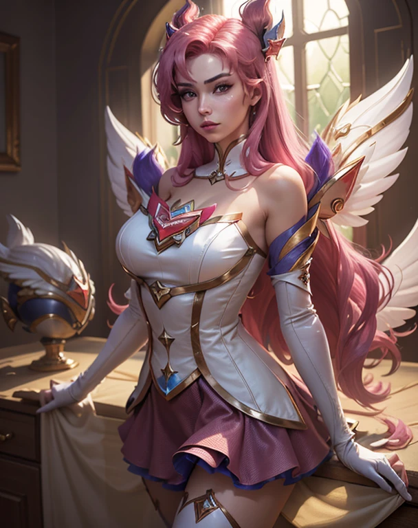 star guardian (league of legends), long hair, wings, skirt, gloves, white gloves, elbow gloves, bare shoulders, bangs, huge breasts, magical girl, purple skirt, pink hair, very long hair, magic, red hair, purple eyes, hair ornament, modelshoot style, realistic, masterpiece, absurd, best quality, HDR, high quality, highest resolution, Environmental luxury room