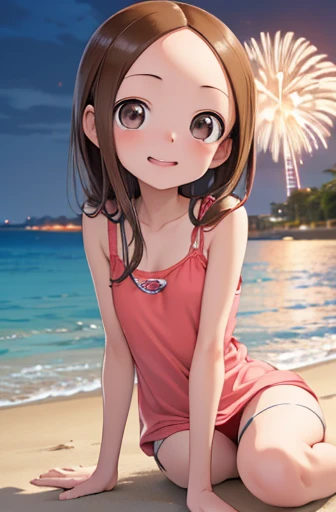 (Super detailed)(Master quality)(RAW Photos))(8k)(Realistic, photo Realistic:1.2)(Super detailed anime)(Anime Style) ((Highest quality)),(MS. Takagi who is good at teasing)(Sandy beach, sand, night fireworks)((Baby Face))