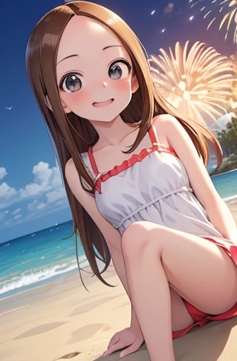 (Super detailed)(Master quality)(RAW Photos))(8k)(Realistic, photo Realistic:1.2)(Super detailed anime)(Anime Style) ((Highest quality)),(MS. Takagi who is good at teasing)(Sandy beach, sand, night fireworks)((Baby Face))