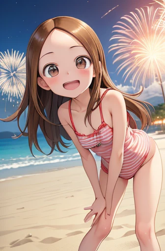 (Super detailed)(Master quality)(RAW Photos))(8k)(Realistic, photo Realistic:1.2)(Super detailed anime)(Anime Style) ((Highest quality)),(MS. Takagi who is good at teasing)(Sandy beach, sand, night fireworks)((Baby Face))