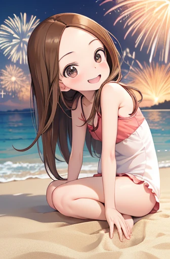 (Super detailed)(Master quality)(RAW Photos))(8k)(Realistic, photo Realistic:1.2)(Super detailed anime)(Anime Style) ((Highest quality)),(MS. Takagi who is good at teasing)(Sandy beach, sand, night fireworks)((Baby Face))