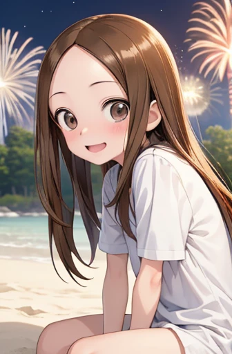 (Super detailed)(Master quality)(RAW Photos))(8k)(Realistic, photo Realistic:1.2)(Super detailed anime)(Anime Style) ((Highest quality)),(MS. Takagi who is good at teasing)(Sandy beach, sand, night fireworks)((Baby Face))