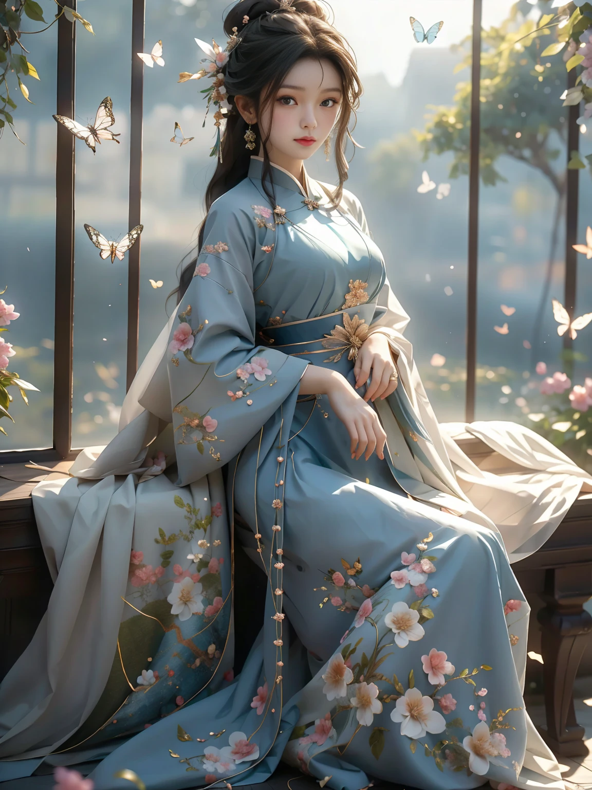 1 girl, solo, long hair, black hair, hair accessory, blue long sleeves, blue dress, hand held, jewelry, earrings, full-body frontal photo, outdoors, bun, book, window, blue Hanfu, single bun, butterfly, holding a book, elegant gesture, blue cheongsam, complex hair, soft light, calm expression, delicate butterfly, jewelry details, subtle reflection on the window, Atmospheric Rooms, Soft Shadows, Super Detailed, Photorealistic Textures, Stunning Compositions, Theatre Lighting, Delicate Embroidery, Glow Skin, Gorgeous Environments, Ethereal Light, Exquisite Craftsmanship, Masterpiece, Best Quality, Ultra HD, Original, Extremely Detailed, Perfect Lighting, 8k Resolution, Ultra Real, sharp focus
