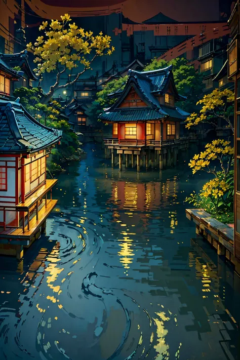 ((traditional japan houses near river with a big yellow flower tree: 1.3)) , ((camera facing the front of the houses:1.2)), ((ne...