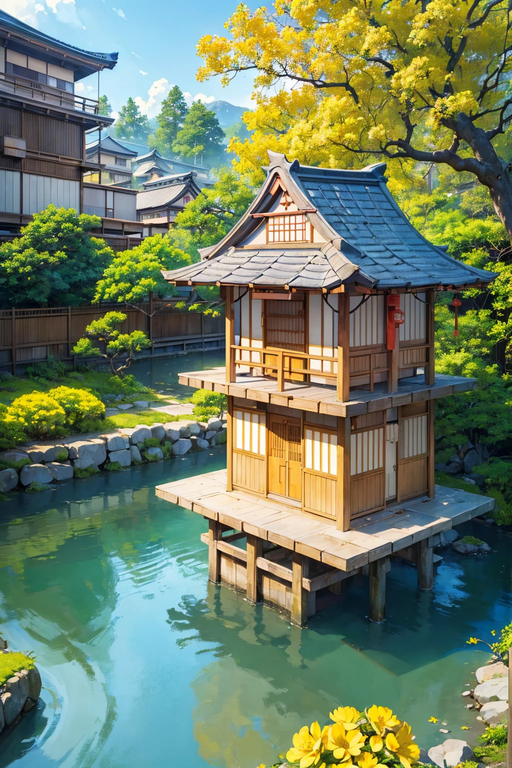 ((traditional japan houses near river with a big yellow flower tree: 1.3)) , ((camera facing the front of the houses:1.2)), ((next to a river: 1.2)), detailed anime artwork, urban, japan anime scene, ((bright blue sky: 1.0)), extra detailed, very detailed, japanese village , plants, birds, anime style, anime, lofi, lofi vibe, ((best quality:1.5)), ((masterpiece:1.5)), ((highly detailed:1.3)), ((anime aesthetic:1.2)), ((no one: 1.2)), ((no people: 1.2))