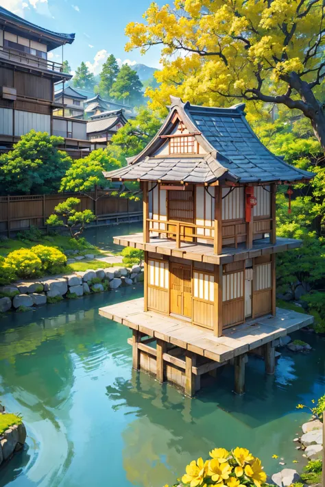 ((traditional japan houses near river with a big yellow flower tree: 1.3)) , ((camera facing the front of the houses:1.2)), ((ne...