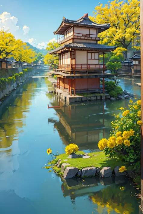 ((traditional japan houses near river with a big yellow flower tree: 1.3)) , ((camera facing the front of the houses:1.2)), ((ne...