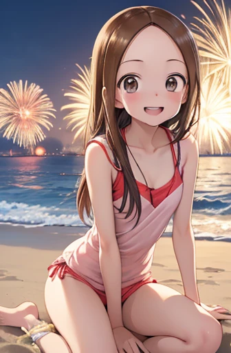 (Super detailed)(Master quality)(RAW Photos))(8k)(Realistic, photo Realistic:1.2)(Super detailed anime)(Anime Style) ((Highest quality)),(MS. Takagi who is good at teasing)(Sandy beach, sand, night fireworks)((Baby Face))