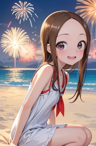 (Super detailed)(Master quality)(RAW Photos))(8k)(Realistic, photo Realistic:1.2)(Super detailed anime)(Anime Style) ((Highest quality)),(MS. Takagi who is good at teasing)(Sandy beach, sand, night fireworks)((Baby Face))