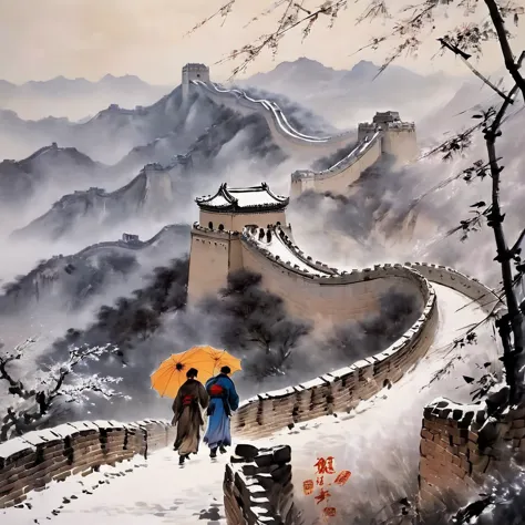 detailed ink,traditional chinese ink painting,peaceful atmosphere,winter landscape,the winding great wall,snowflakes gently fall...