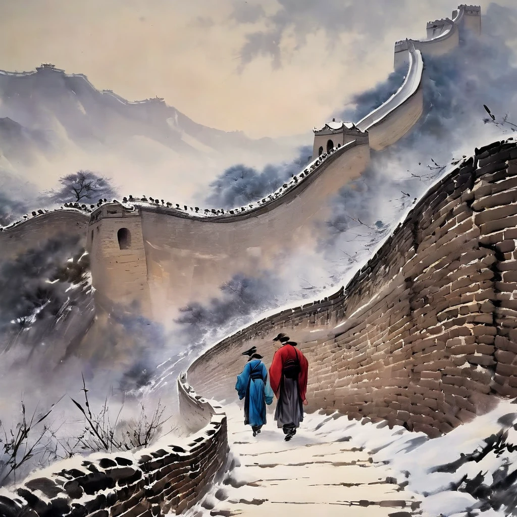 Detailed ink,Traditional Chinese ink painting,Peaceful atmosphere,Winter Landscape,The winding Great Wall,Snowflakes gently fall,People wearing warm clothes walk on the Great Wall,Impressive towers stand on the city walls,Subtle gray and black,Picturesque scenery,Traditional brushwork and ink painting,A mist shrouds the scene,ancient building structure,Peace and tranquility atmosphere,Light red and gold,Texture,Fusion of traditional and modern elements,The faint moonlight shines on the Great Wall,Ethereal and dreamy quality,The Great Wall is delicately reflected in a nearby frozen lake,The walls are scattered with delicate bamboo and pine trees,historical and cultural significance,Persistent but mild winter breeze,Deep heritage,The faint sound of footsteps echoed in the silence,Poetic and introspective atmosphere,Deeply appreciate the beauty and power of nature.(best quality,4K,8K,high resolution,masterpiece:1.2),Extremely detailed,(Practical,photoPractical,photo-Practical:1.37),