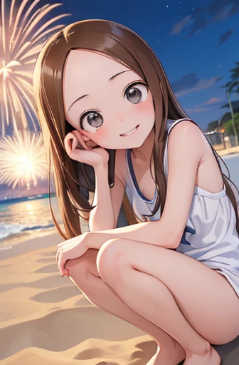 (Super detailed)(Master quality)(RAW Photos))(8k)(Realistic, photo Realistic:1.2)(Super detailed anime)(Anime Style) ((Highest quality)),(MS. Takagi who is good at teasing)(Sandy beach, sand, night fireworks)((Baby Face))