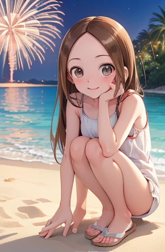 (Super detailed)(Master quality)(RAW Photos))(8k)(Realistic, photo Realistic:1.2)(Super detailed anime)(Anime Style) ((Highest quality)),(MS. Takagi who is good at teasing)(Sandy beach, sand, night fireworks)((Baby Face))