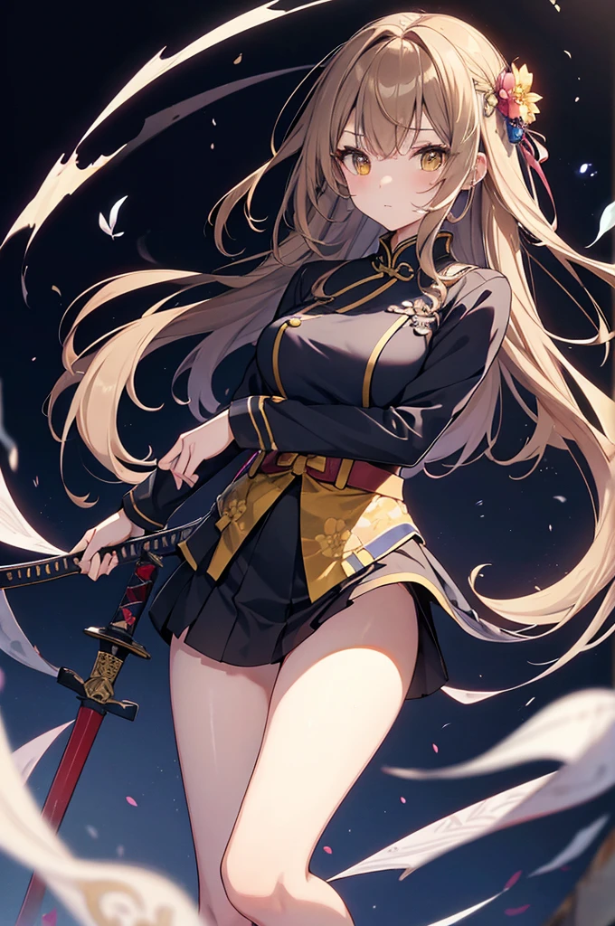 pretty , cute , light brown hair , long raw hair , Yellow eyes , Hairpin , 나무 동양풍 Hairpin를 꽂은 , Pianhua flower , Puppy Award , Leisurely , Long eyelashes, busty , big tits , thin waist , wide pelvis , thin legs , black combat uniform , Blue Japanese style cheongsam , Bare legs , katana , Two Japanese swords , dark background , whole body , Sword wielding pose , character , illustration , 애니메이션 character