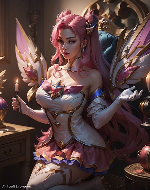 star guardian (league of legends), long hair, wings, skirt, gloves, white gloves, elbow gloves, bare shoulders, bangs, huge breasts, magical girl, purple skirt, pink hair, very long hair, magic, red hair, purple eyes, hair ornament, modelshoot style, realistic, masterpiece, absurd, best quality, HDR, high quality, highest resolution, Environmental luxury room