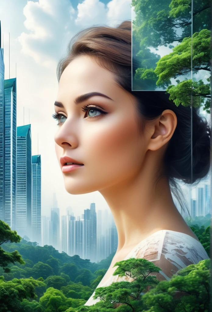 (Double exposure: 1.5_High rise buildings, dense forest of trees, beautiful woman face with detailed details), Ultra HD, Realistic stock photo, Best quality,