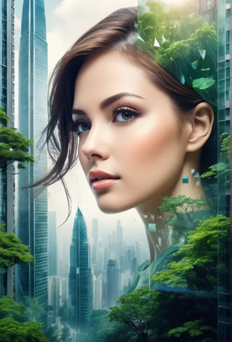 (double exposure: 1.5_beautiful woman's face in detail, high-rise buildings inside transparent woman's figure, dense tree forest...