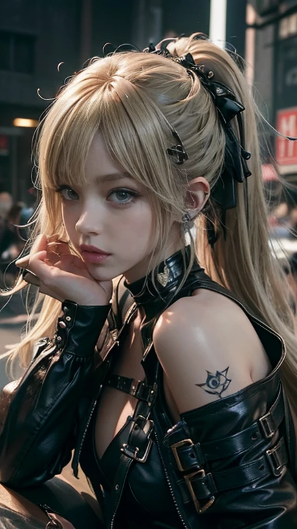 High resolution、masterpiece、Highest quality、punk、blonde、hair ornaments、beautiful girl、creative、punkシャツ、Neogoth、Goth Fashion：1.2、Fine skin、Sharp focus、(Cinema Lighting)、ponytail、Shoulder Bare、whole body、Wearing leather boots