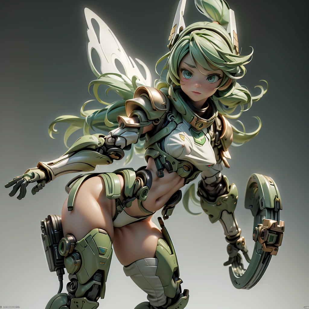 (A beautiful girl soldier, her physical characteristics are a short height of 100 cm, narrow waist, , flat chest, large face, large beautiful green eyes, long light-colored hair) (Her equipment is a white sports bra and small panties, cool black exoskeleton armor with gold decorations, collar, sharp headgear, nipples that stand out from the clothes, not see-through, mechanical gloves) NSFW, WBDSM, (highest quality, ultra-high resolution, ultra-high definition, historical masterpiece, high-definition CG illustration: 1.2) Realistic, real human-like CG illustration (camera angle is slightly overhead depiction, shot from various angles) Dynamic pose, effective use of LoRA, more powerful action pose, dynamic, twisting of the body,