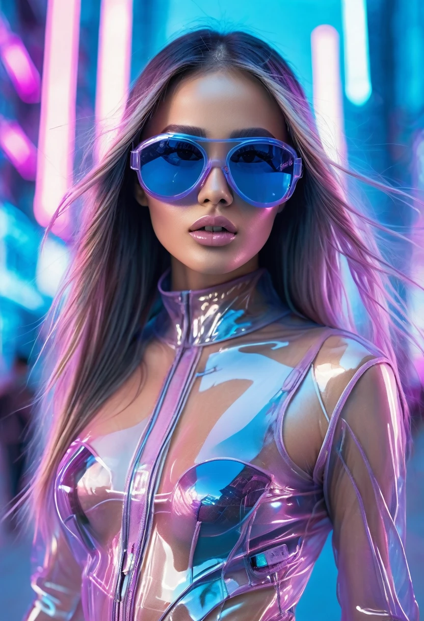 image of a beautiful girl with long hair and sunglasses in completely transparent translucent outfit, you can see her pussy and breast through her transparent skin, She is on a futuristic cyber street lit with blue and pink neon with futuristic buildings,