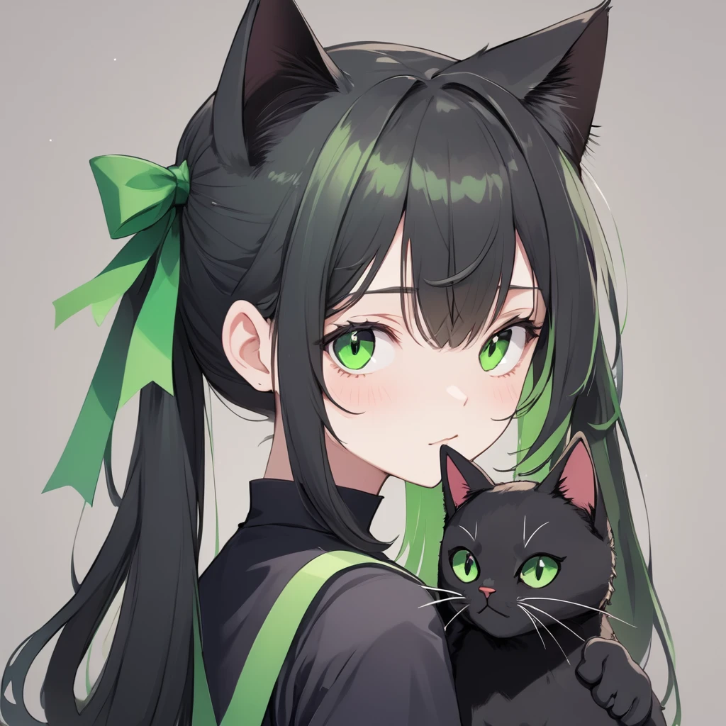 looking at viewer, star \(symbol\), no humans, animal, cat, black cat, animal focus, whiskers, green ribbon,Black and green long ponytail、Cat ear