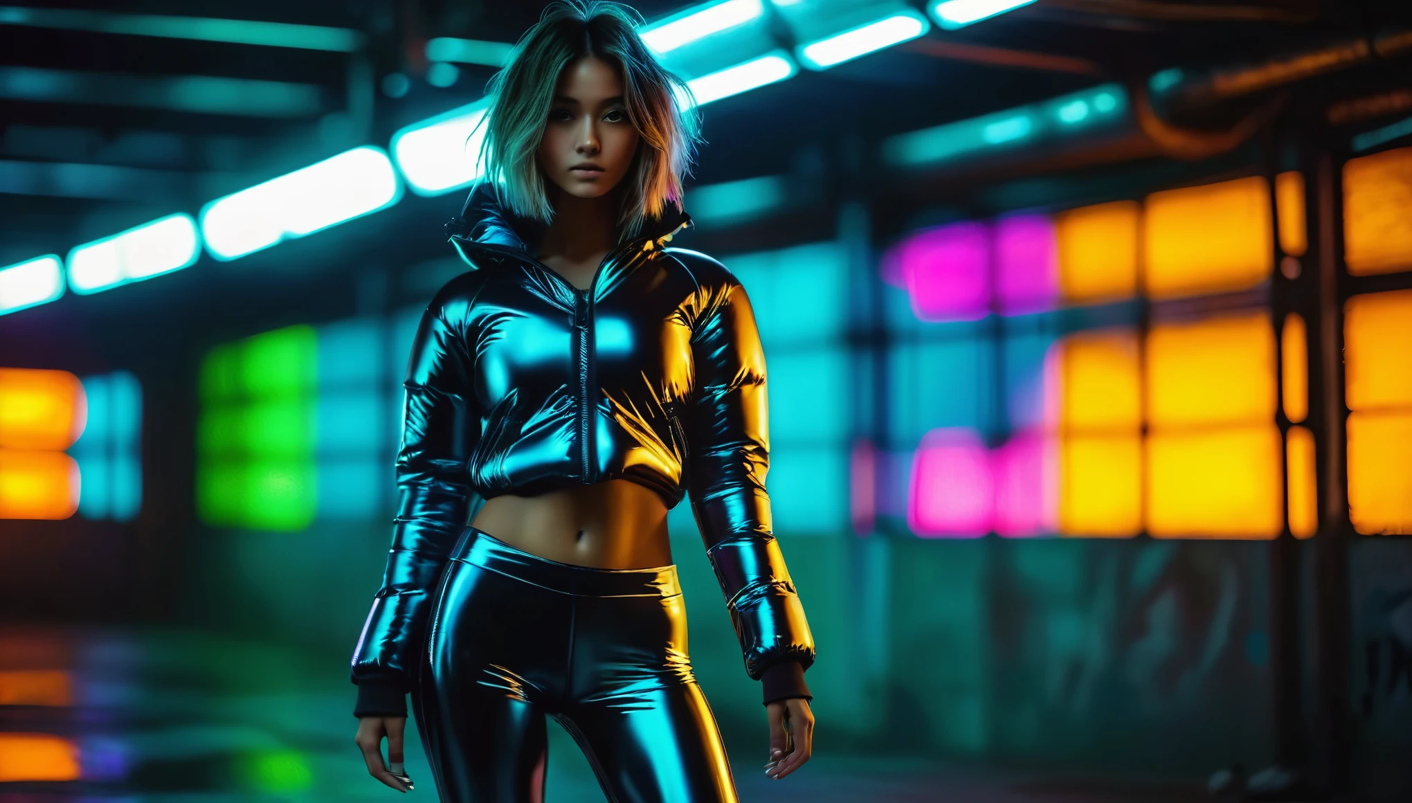 8k, high resolution, masterpiece, ultra-detailed, full body shot, (((cute tanned barely legal girl in sheer rubber blouse and leggings, shiny puffer jacket, wide neckline, deep neckline, random neon color))), (small perky breasts, small hips, detailed face, seductive expression, long random hair, some tattoos), in a dark dungeon, moody atmosphere, random dramatic and neon colors, intricate details, dim light from behind, look from behind, at night, backlit, random pose, (((full body shot from the side)))