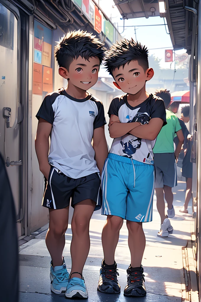 (Shota:1.5),(((Highest quality))),(((masterpiece))),(((Very detailed))),(((High resolution))),One person,Short sleeveＴshirt,Short shorts,White socks,Blue sneakers,Cheerful boy,Japanese,Buzz Cut,(((Spiked Hair))),Black Hair,(Point pupils),Skinny body,Baby Face,smile